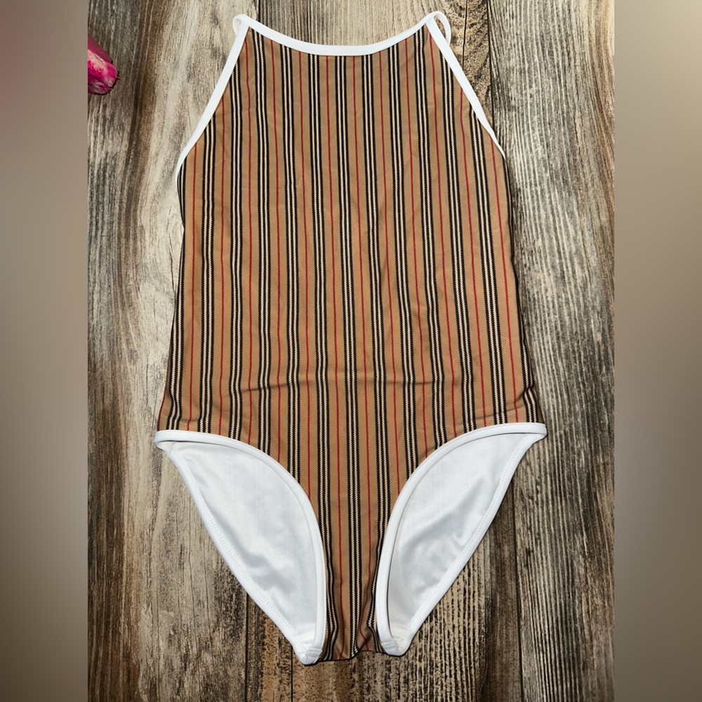 Burberry Beige and Black Striped Swimwear